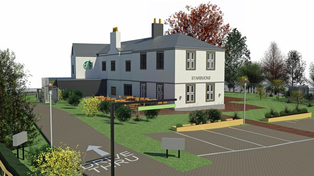 Carbrook Hall transformed into Starbucks drive-thru by Self in Sheffield